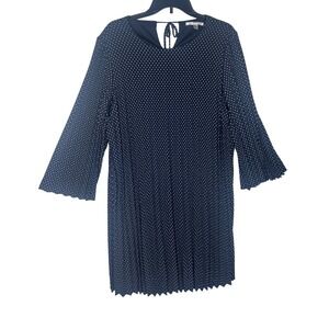 Studio One New York Polka Dot Dress Navy Blue LS  Tie Neck Pleated Hem Large New